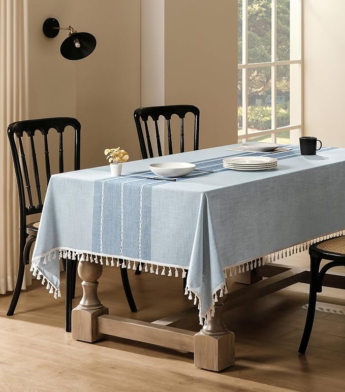 ZeeMart Contrast Linen Table Cloth Rectangle Table Cloths 60x120 Inch Blue, Farmhouse Style Heavy Weight Blue Tablecloth, Water Resistant Burlap Tablecloths