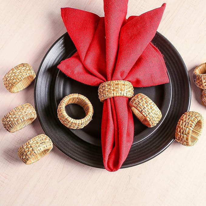 CLEENTABLE Rustic Napkin Rings Set of 12 - Elegant Round Cane Napkin Rings, Easy to Clean, Durable Versatile for Table Settings, Special Occasion, Easter Table Decor & Gift Giving Ideas (Natural)