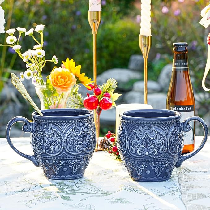 Sungmor Embossed Stoneware Fine Dining Dinnerware, Antique Baroque Style Porcelain Coffee Mugs Set of 2, 18oz Large Water Cups with Handles, Sophisticated Rustic Ceramic Mugs for Tea, Milk or Beer