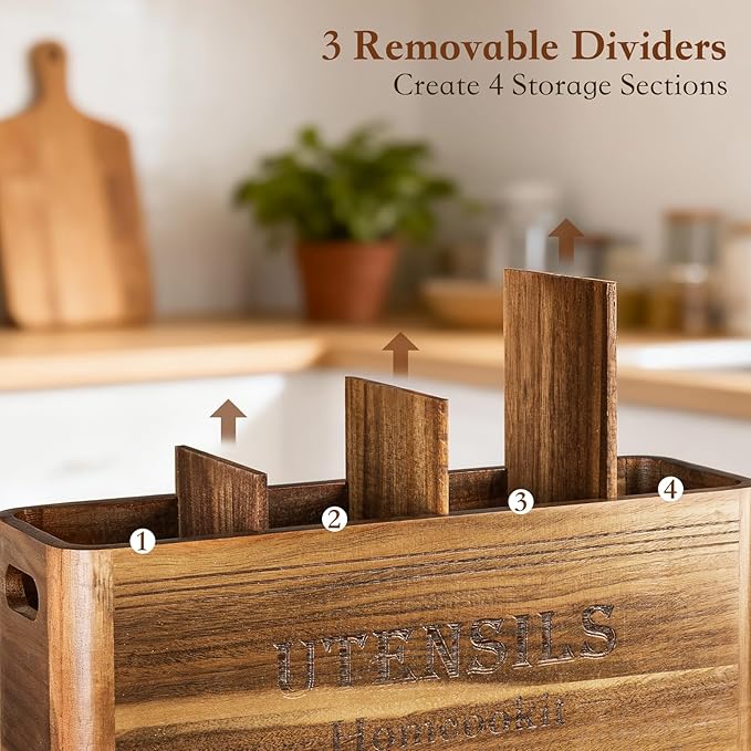 Utensil Holder for Kitchen Countertop, Extra Large Acacia Wood Organizer, 4-Compartment Storage for Cooking Tools, Farmhouse-Style Cutlery Holder