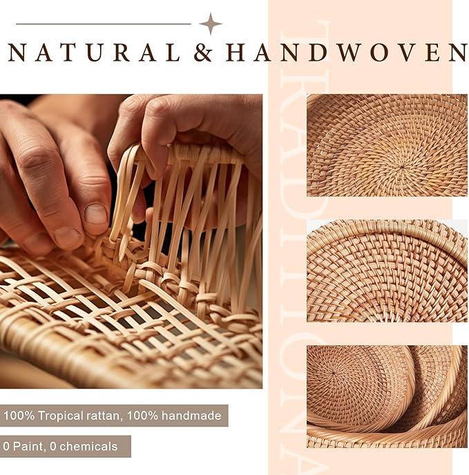 10.2" Large Round Rattan Bread Basket for Fruit, Natural Wicker Fruit Basket for Kitchen Counter, Hand Woven Food Baskets, Bread Baskets for Serving, Fruit, Vegetable, Candy, Nuts, Keys, Wallets, Etc.