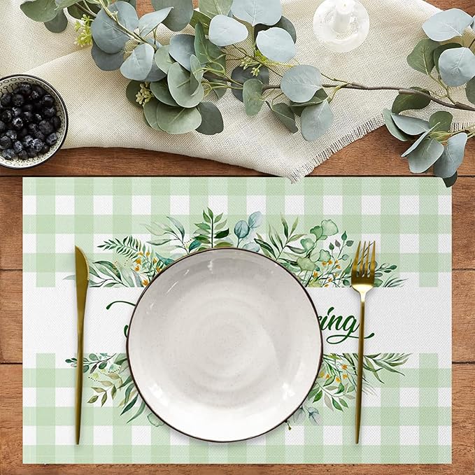 AOFOTO Green Plaid Placemats Set of 4 Beautiful Spring Leaves Printed Place Mats Washable Rectangular Table Mats for Party Home Kitchen Restaurant Dining Table Decor 12x18 Inch