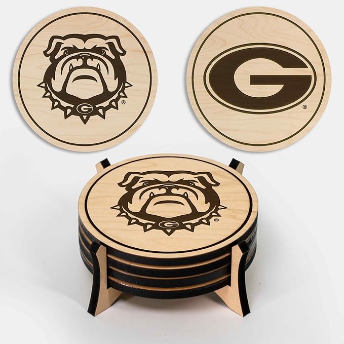 LazerEdge Georgia Bulldogs Wooden Coaster Set - Maple Wood - Officially Licensed Product - 4-Pack