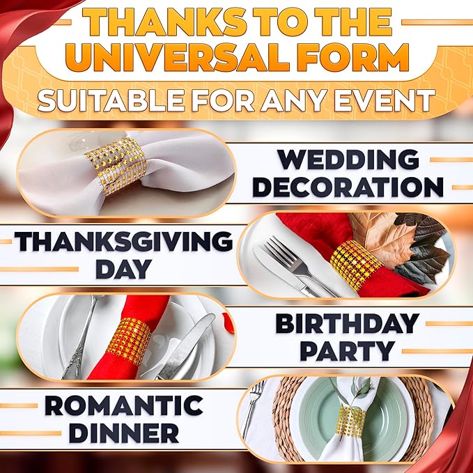 Set of 100 Gold Napkin Rings – Valentine Rhinestone Napkin Ring Holders for Weddings, Parties, Fall Events & Valentine Table Decorations | Durable & Reusable, Great as Elegant Kitchen Gifts for Hosts