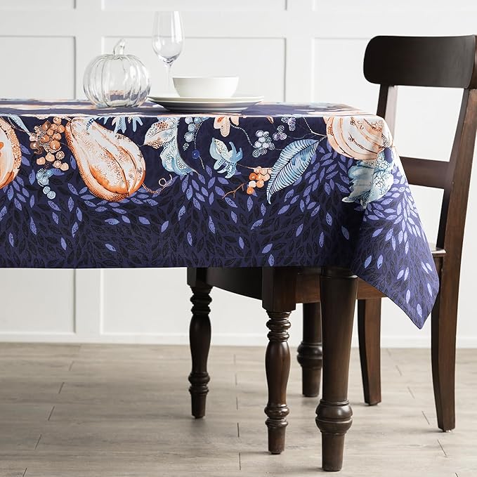 Maison d' Hermine Table Cloth Rectangle Table 100% Cotton 70 x 140 Inches Fall Tablecloth Reusable Everyday Use for Thanksgiving Christmas Decorations Dining Farmhouse Party (Pumpkin Blues)
