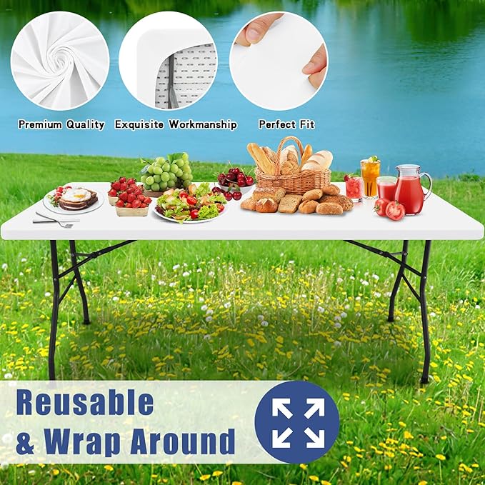 Spandex 6 Foot Rectangle Table Cloth 2 Pack, Elastic Fitted Tablecloths for Picnic, Stretch Washable Patio Table Cover for Outdoor, Camping, Banquet and Parties (White, 30"x72")
