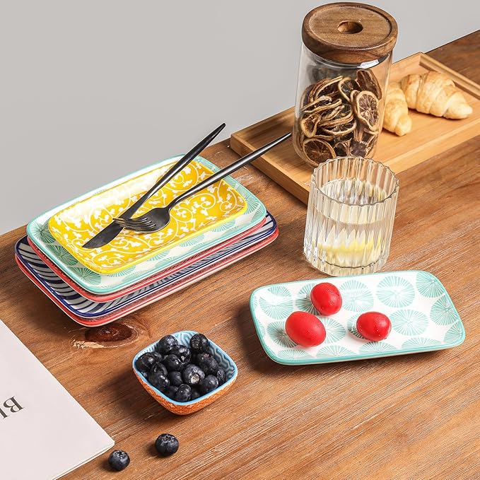 Selamica Rectangular Salad Plates, 7.1 Inch Dessert Plates Ceramic, Small Plates for Appetizer, Snack, Sushi, Fruit, Set of 6, Assorted Colors