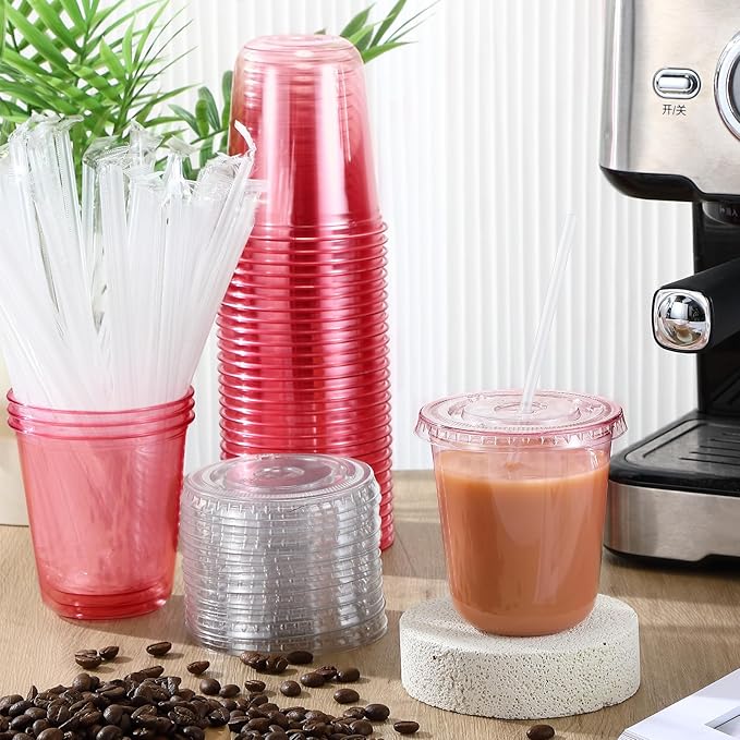 50 Sets Clear Plastic Cups with Lids and Straws, Disposable Iced Coffee Cups Drinking PET for Cold Drinks, Juice, Smoothie, Coffee Shops, Party, Christmas (Pink,14 oz)