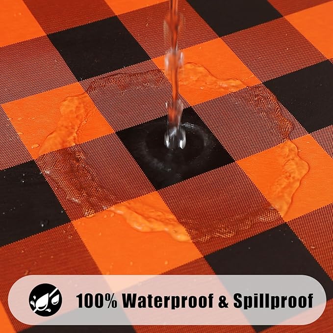 Smiry Rectangle Picnic Table Cloth, Elastic Waterproof Fitted Vinyl Tablecloths, Flannel Backed Buffalo Plaid Table Covers for Dining, Camping, Outdoor (Black and Orange, 30" x 96")
