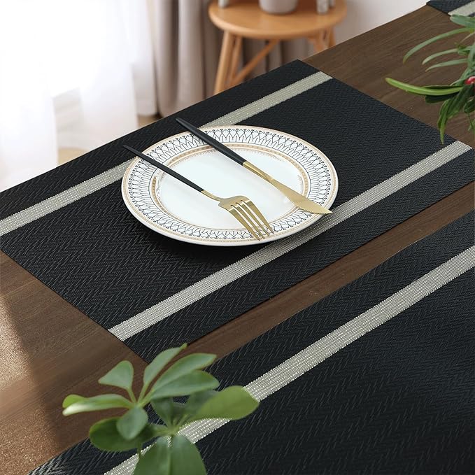 FAVE Placemats Set of 12 Black Placemats Woven with Golden Thread Vinyl Placemat for Wedding, Banquet, Birthday, Party, Restaurant Decorations(Black, 12"x18"-12PCS)