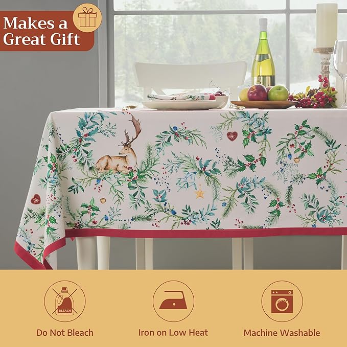Maison d' Hermine Table Cloth Rectangle Table 100% Cotton 70 x 90 Inches Fall Tablecloth Reusable Everyday Use for Thanksgiving Christmas Decorations Dining Farmhouse Party (Holly Time)