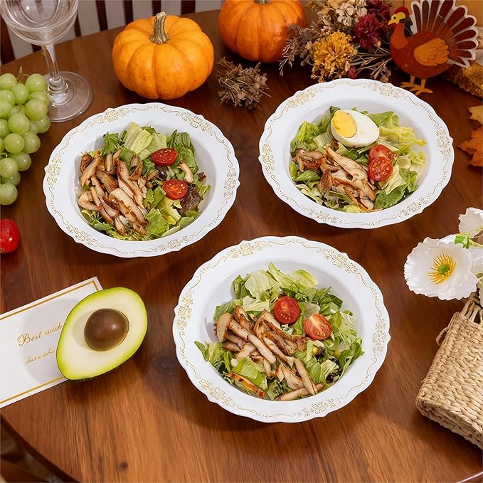 DaYammi 100 Pack Plastic Bowls with Gold Rim, 12oz Disposable Soup Bowls, Gold Plastic bowls Disposable Heavy Duty Dinner Bowl for Weddings, Plastic Serving Bowl for Parties, Catering and Everyday Use