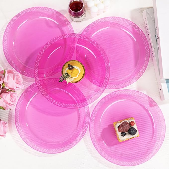 WELLIFE Neon Pink Party Plates 9 Inch -150 Count, Translucent Pink Plastic Disposable Dessert Plates for Fluorescent Neon Theme Party Cake Appetizers Valentine's Day Easter Baby Shower Mother's Day