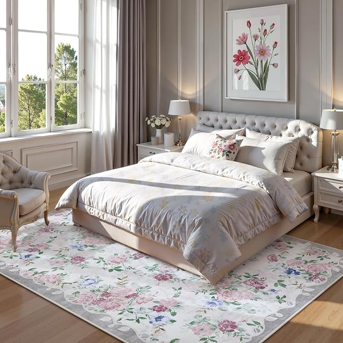 Lahome Purple Floral 5x7 Area Rugs, Boho Rugs for Bedroom Girls,Vintage Living Room Rug Non Slip Low Pile Ultra-Thin Large Carpet for Farmhouse,Dining Room,Kids Playroom,Nursery(5'X7',Purple/Grey)