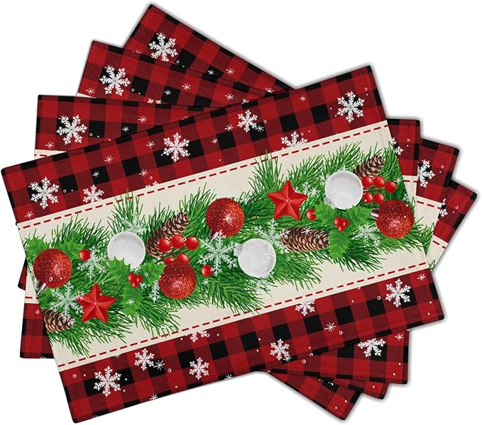 Christmas Placemats Set of 4 - Xmas Bells Place Mat 12x18 Inch Buffalo Plaid Pinecone Table Mat for Party Kitchen Dining Home Holiday Party Decor