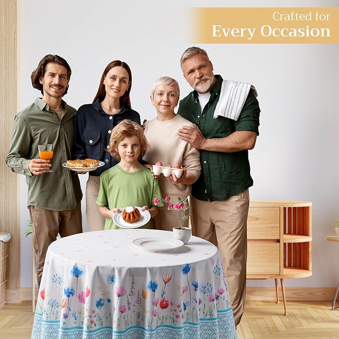 Maison d' Hermine Table Cloth Round Table 100% Cotton 63 Round Inches Tablecloth Reusable Decorative for Dining Room Farmhouse Home Valentines Day Decorations Spring Summer - Flower in The Field