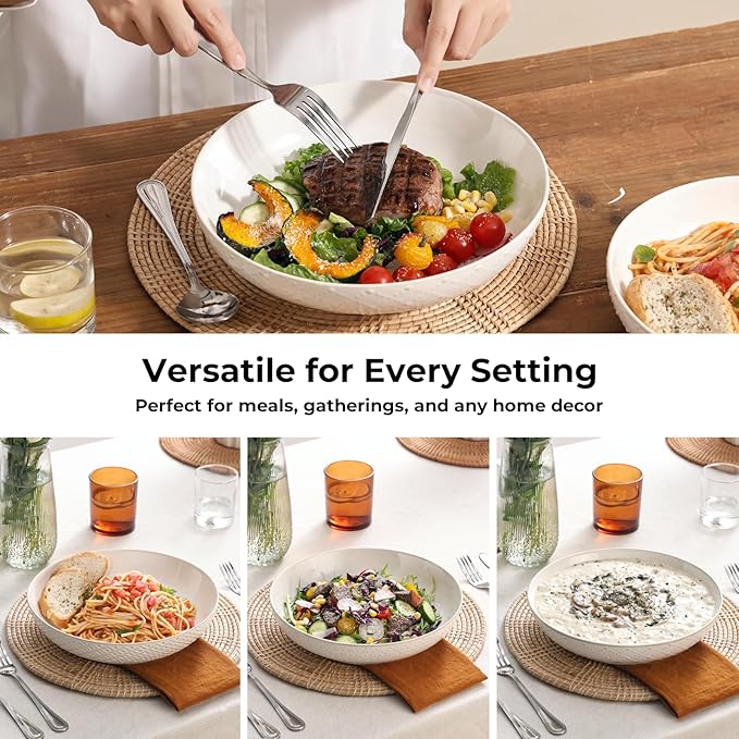Y YHY Large Pasta Bowls, 45 oz Embossed Salad Bowls for Serving Soup, Noodle, Dessert, Dinner, Kitchen Deep Plates, 9.75" Porcelain Shallow Bowls, Soft White Dishes for House-warming Wedding Present