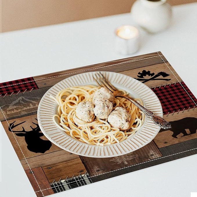 Vintage Bear Deer Placemats Rustic Wildlife Moose Forest Animal Cabin Lodge Lake Pine Heat-Resistant Linen Table Place Mats for Dining Kitchen Country Camp Style Farmhouse Decor 6 PCS, Countryside-7