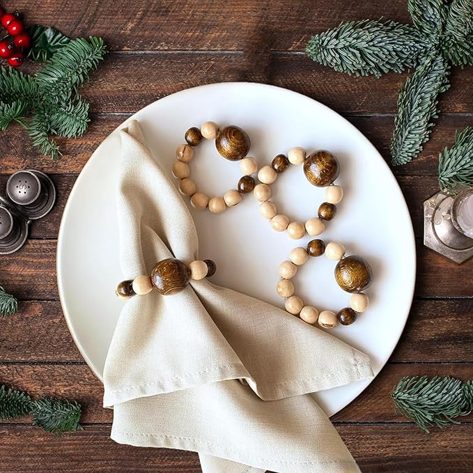 Napkin Rings Set of 6 - Modern Napkin Holder Rings with Wooden Beads | Dinner Napkin Ring for Holiday & Christmas, Birthday Party, & Wedding Decor - Farmhouse Napkin Rings Bulk (Loggi)