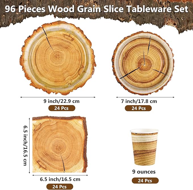 Kochorie 96 Pieces Camping Wood Grain Slice Tableware Set Rustic Wood Party Supplies Including Paper Plates Cups Napkins Serves 24 Guests for Hunting Baby Shower Lumberjack Birthday Party