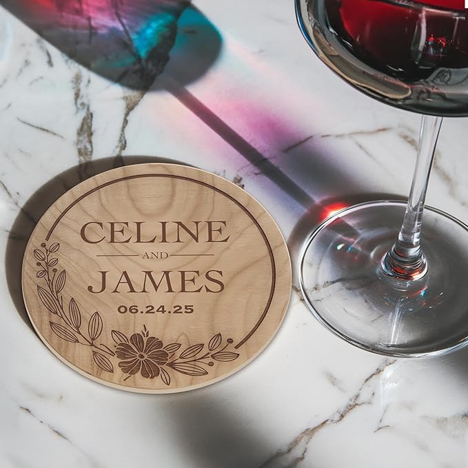100 Pack Personalized Wedding Coasters, Custom Cardboard Coasters for Drinks with Photo Print and Text, Keepsake Wedding Favors and Gifts for Couples, 3.95" Round (Design 4)