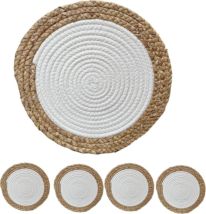 ANDSTAR Round Woven Placemats Set of 4, 12"x12", Natural Wicker Placemats, Water Hyacinth Straw Braided Placemats,Boho Place Mats for Farmhouse, Rustic Table (Water Hyacinth + White Cotton Rope)