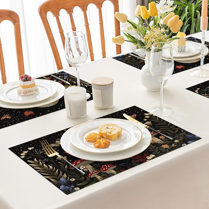 Mushroom Botanical Placemats Set of 6, Mushroom Plants Leaves Butterfly Place Mats, Moon Waterproof Washable Table Mats for Home Party Indoor Kitchen Dining Table Decoration 12x18 Inch