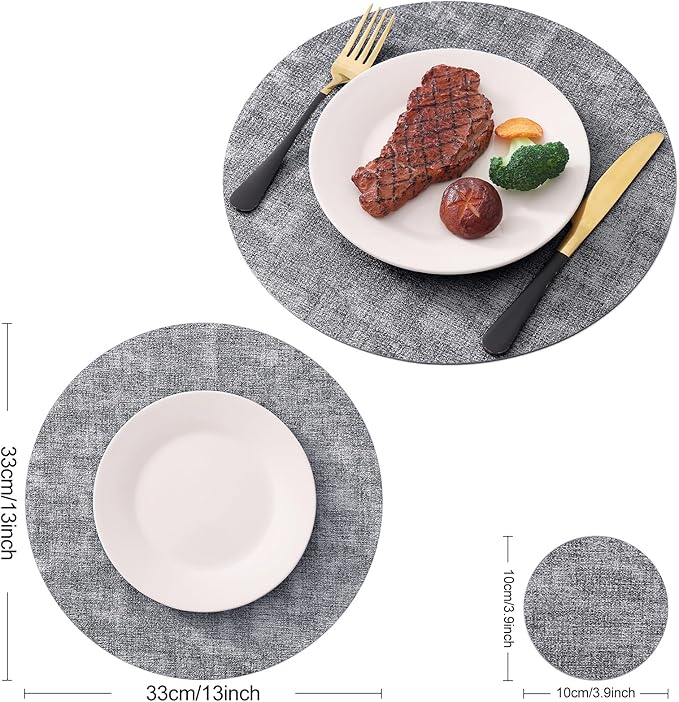 Homaxy Round Faux Leather Placemats and Coasters, Washable Dual-Side Table Mats, Wipeable Heat-Resistant Dining Place Mats for Outdoor and Indoor, Set of 8, Diameter 13 and 3.93 inch, Black