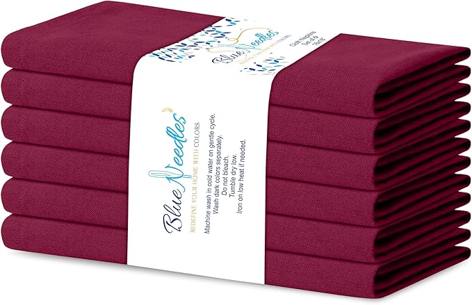 Blue Needles Solid Cloth Napkins Set of 6 Burgundy 100% Cotton Dinner Napkins 18x18 inches - Soft, Reusable, Absorbent & Washable Linen, Ideal for Christmas Events, Parties & Everyday Use