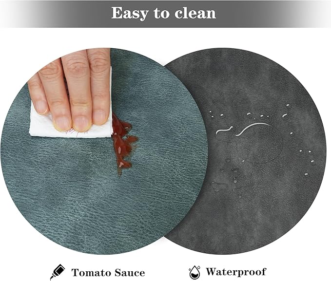 Round Placemats and Coasters Set of 8, Washable Reversible Faux Leather Placemats Cowhide Pattern Place Mats Wipeable Non-Slip 15 inch Round Kitchen Dining Table Mats (Gray Blue Green, 8)