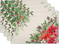 Giwawa Poinsettia Placemats Set of 4, 12x18 Inch Watercolor Christmas Red Floral Linen Table Mats for Kitchen Dining, Winter Holly Berry Pine Cones Washable Heat Resistance for Party Holiday Decor