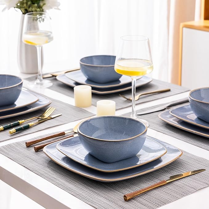 AmorArc Ceramic Dinnerware Sets for 4, 12 Pieces Square Handpainted Plates and Bowls Set, Chip and Scratch Resistant Stoneware Dishes Set, Dishwasher & Microwave Safe, Reactive Blue