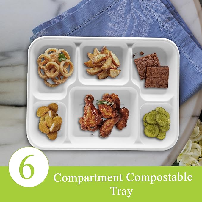 three leaf 6 Compartment Bagasse Tray 100 Ct. Heavy Duty, Super Strong,Eco Friendly Disposable Bagasse Plates,100% Biodegradable Plates, Microwave and Freezer Safe, Ideal for Party, Dinner and Picnic