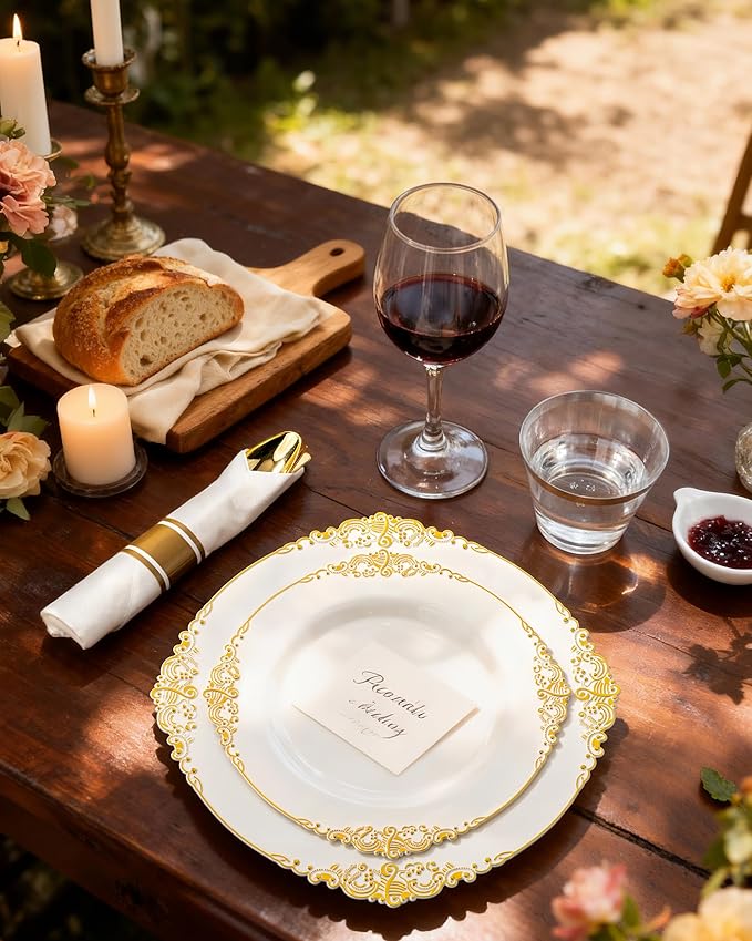 Nervure 175PCS Ivory Plastic Plates - Ivory Gold Plastic Dinnerware Sets for 25 Guests - 50 Ivory Disposable Plates, 25 Pre Rolled Cutlery Set, 25 Cups Perfect for Wedding, Party