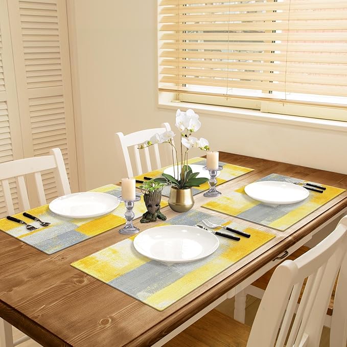 Emvency Farmhouse Placemats Set of 4, 12x18 Inch Modern Grey White and Yellow Art Painting Table Mats for Outdoor Home Party Kitchen Dining Decoration
