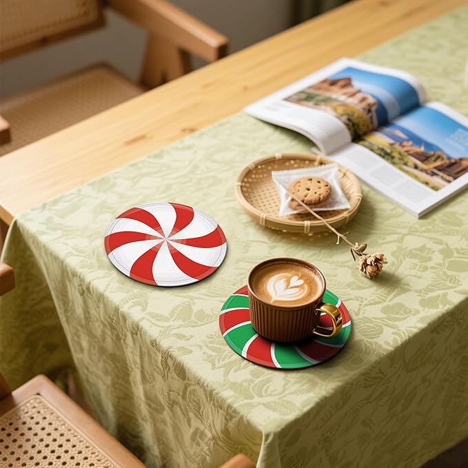 Christmas Candy Coasters Leather Round Drink Coasters 6 Pcs Set with Holderor for Cup Drink Coffee Table Bar Home Decor