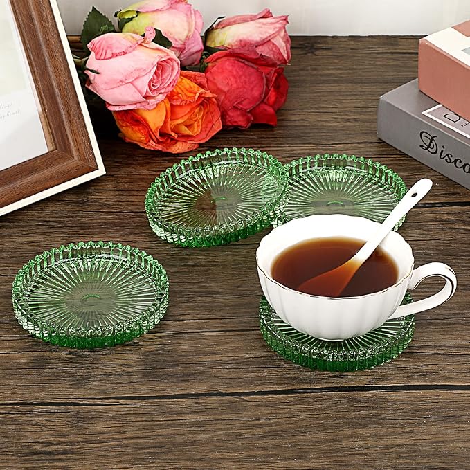 JUXYES 5 Pack Clear Green Crystal Coasters Round Cup Mat, Glass Coasters for Drinks Coffee Tea Wine, Decorative Wine Bottle Coaster, Crystal Drink Coasters for Restaurant bar Kitchen Dining Table