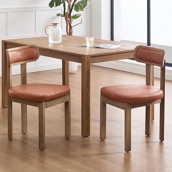 Brown Dining Chairs Set of 2, Mid Century Modern Leather Dining Room Chairs with Curved Back, Armless Kitchen Chairs for Living Room/Restaurant/Balcony/Bedroom/Home Desk/Task