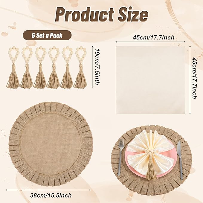 6 Sets Boho Placemats, Round Burlap Placemats Wood Bead Napkin Rings with Dinner Napkins Cloth Natural Burlap Cotton for Kitchen Dining Table Home Wedding