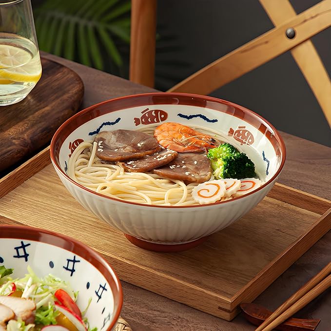 8 Inch Ramen Bowls Set of 4 with Spoon, 38 Oz Soup Bowls for Noodle,Udon,Vintage Japanese Style, Microwave & Dishwasher Safe
