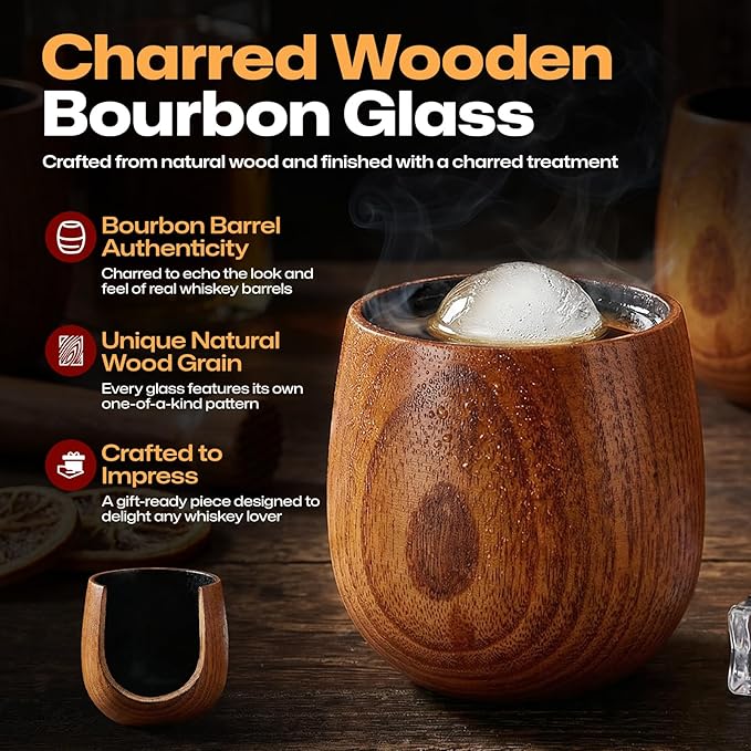 AIUHI Charred Wooden Whiskey Glasses Set of 4, Wooden Bourbon Glass, Handcrafted Old Fashioned Whiskey Glass
