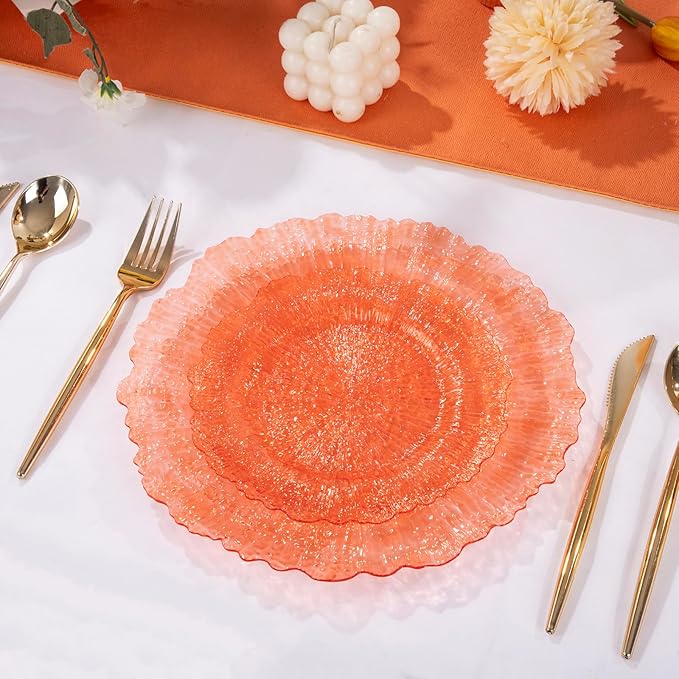 U-QE 60PCS Clear Orange Plates - Reef Orange Plastic Plates Disposable&Reusable - Heavy Duty Plastic Plate Including 30 Dinner Plate 10" & 30 Dessert 7" Perfect for Party