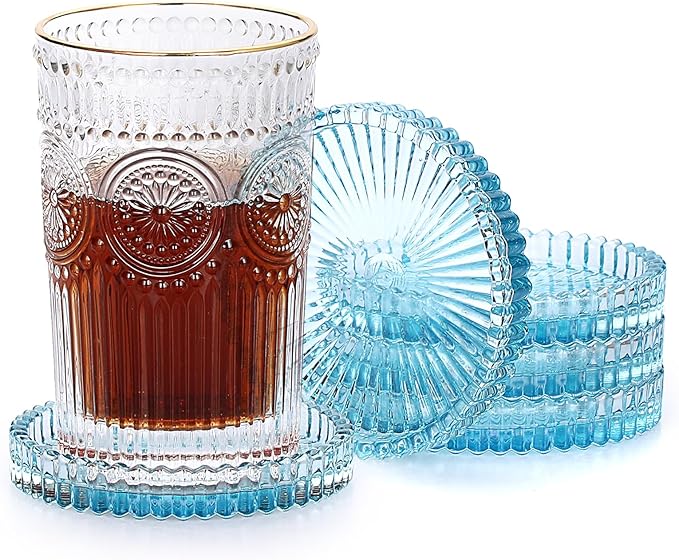 JUXYES 5 Pack Clear Blue Crystal Coasters Round Cup Mat, Glass Coasters for Drinks Coffee Tea Wine, Decorative Wine Bottle Coaster, Crystal Drink Coasters for Restaurant bar Kitchen Dining Table