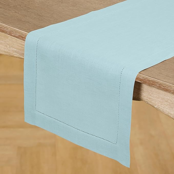 Solino Home Linen Aqua Blue Table Runner 36 Inches - Classic Hemstitch, 100% Pure Linen Coffee Table Runner 14 x 36 Inch Ideal for Dresser Tables - Winter, Spring, Easter