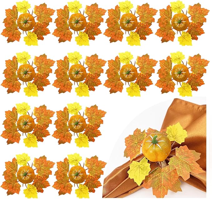 WINGFISH Fall Napkin Rings 12 Pcs Thanksgiving Napkin Rings Farmhouse Fall Pumpkin Napkin Holder for Thanksgiving Table Decorations, Fall Banquet, Holiday Dinner Party