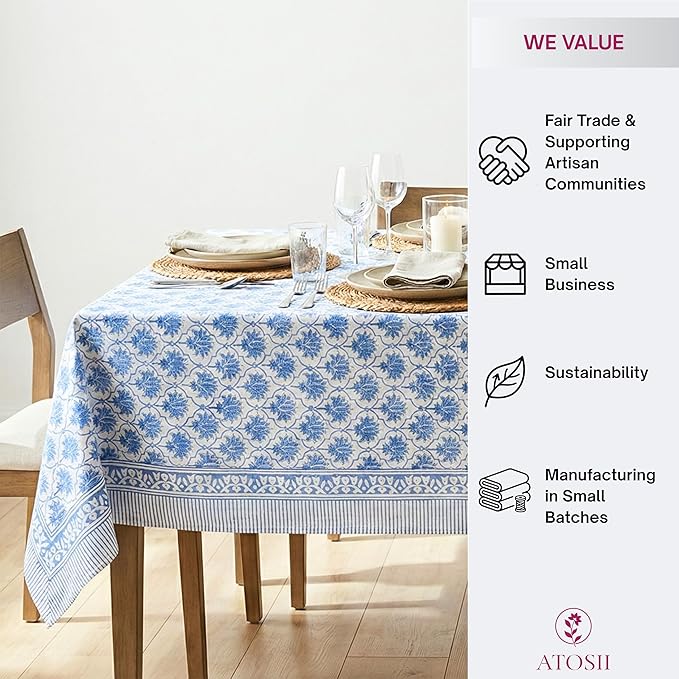 ATOSII Padma Blue 100% Cotton Rectangle Summer Tablecloth, Indian Block Print Floral Table Cloth I Dining Parties Weddings Outdoors Holidays 60 X 90 Inches, 6 Seater I Grandmillennial Farmhouse Boho