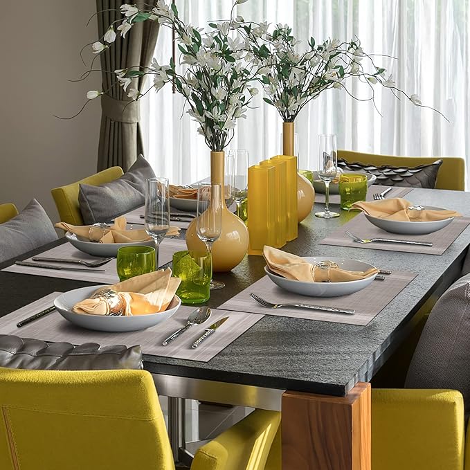 Winknowl Placemats Set of 8, Heat Resistant Non-Slip Vinyl Woven Table Mats for Dining Table, Washable Durable Elegant Place Mats for Kitchen Indoor/Outdoor Use (Beige White)