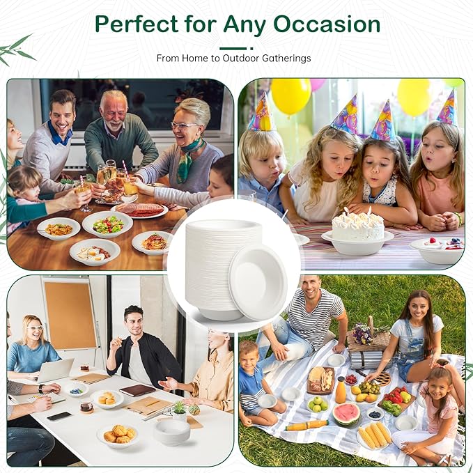 𝟭𝟲 𝗼𝘇, 𝟭𝟮𝟴-𝗣𝗮𝗰𝗸 Compostable Paper Bowls, Heavy-Duty Biodegradable Disposable Bowls Made from Bagasse, Eco-Friendly, Microwave & Freezer Safe (White)