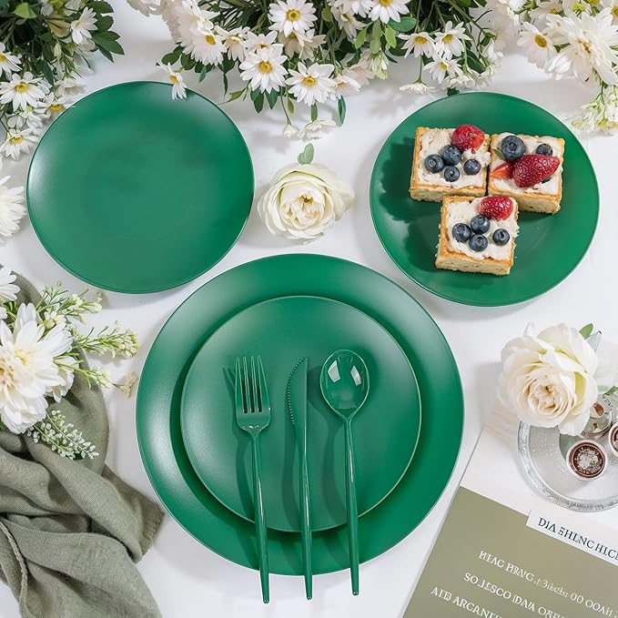 EI 150pcs Green Plastic Plates,Green Disposable Plates Heavy Duty,Fancy Plastic Dinnerware Set,Dinner Plate for Party,Picnic,Birthday,Wedding Afternoon Tea Spring