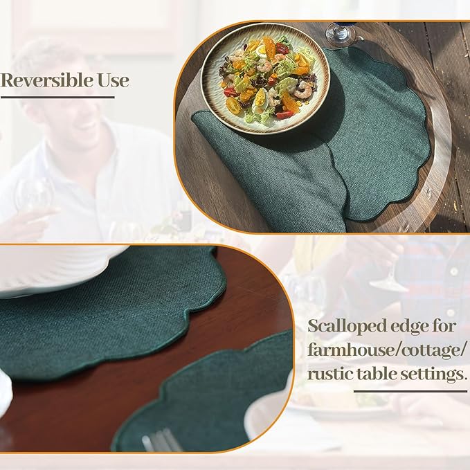 AHHFSMEI Round Faux Linen Placemats Set of 4 Waterproof Table Mats Heat Resistant Non-Slip and Stain Proof for Kitchen Dining Elegant Decor (Forest Green,4)